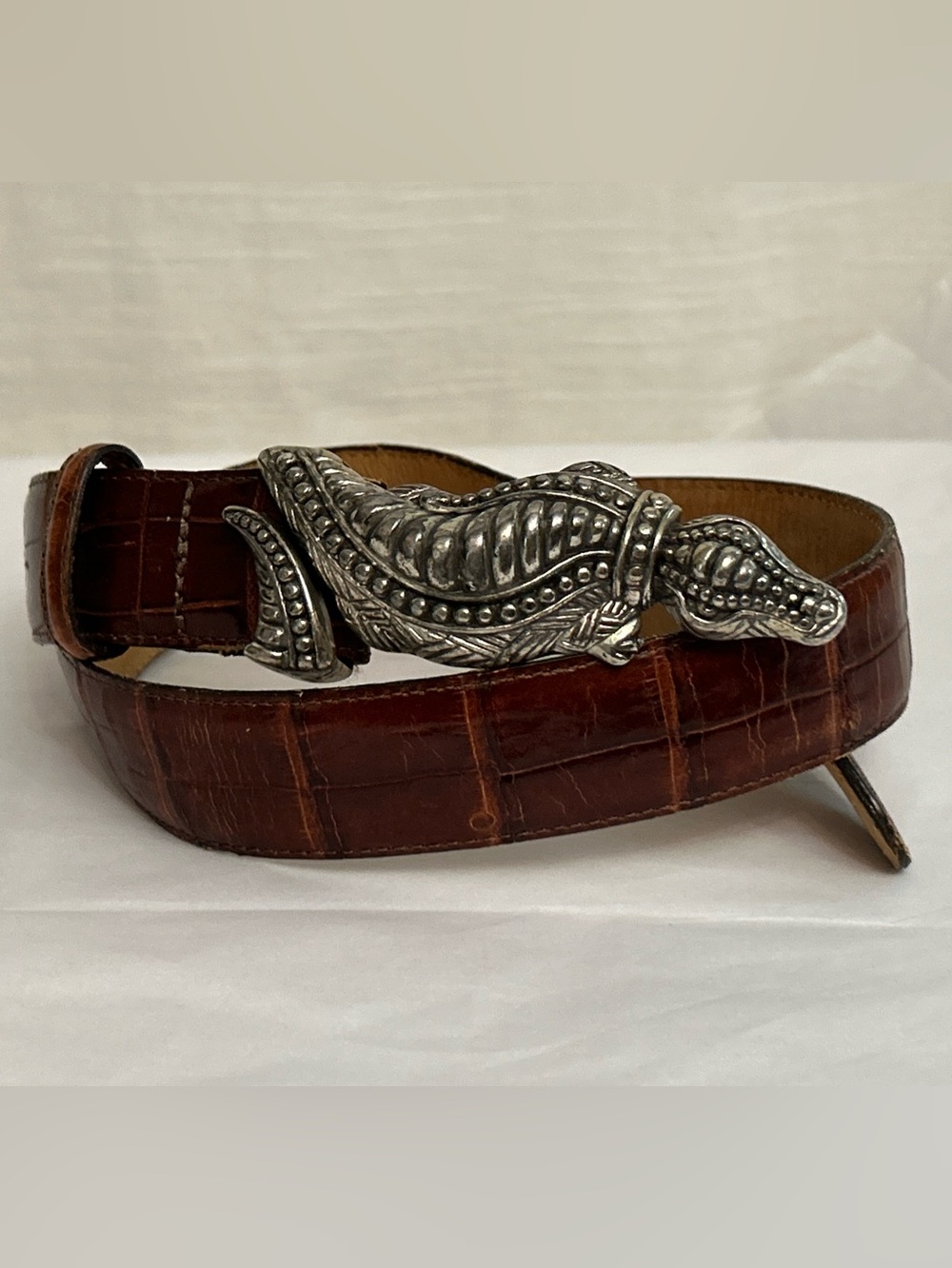 Brighton Vintage 1990's Brown Leather Belt with Silver Alligator Buckle